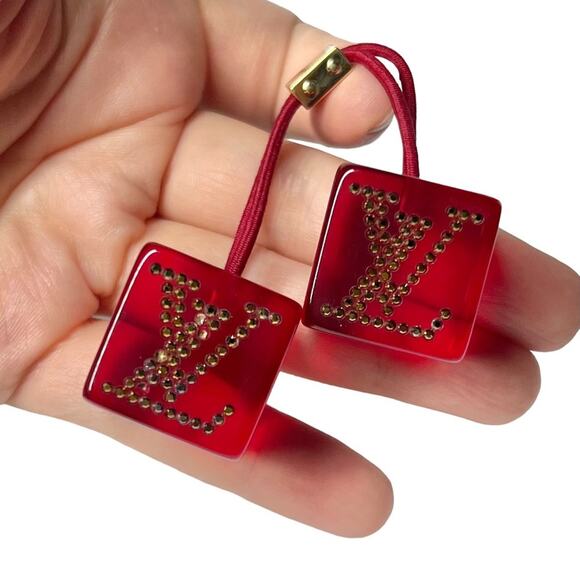 AUTH Louis Vuitton Red Lucite Rhinestone LV Logo Jumbo Hair Tie Cube Bobble - Picture 13 of 16
